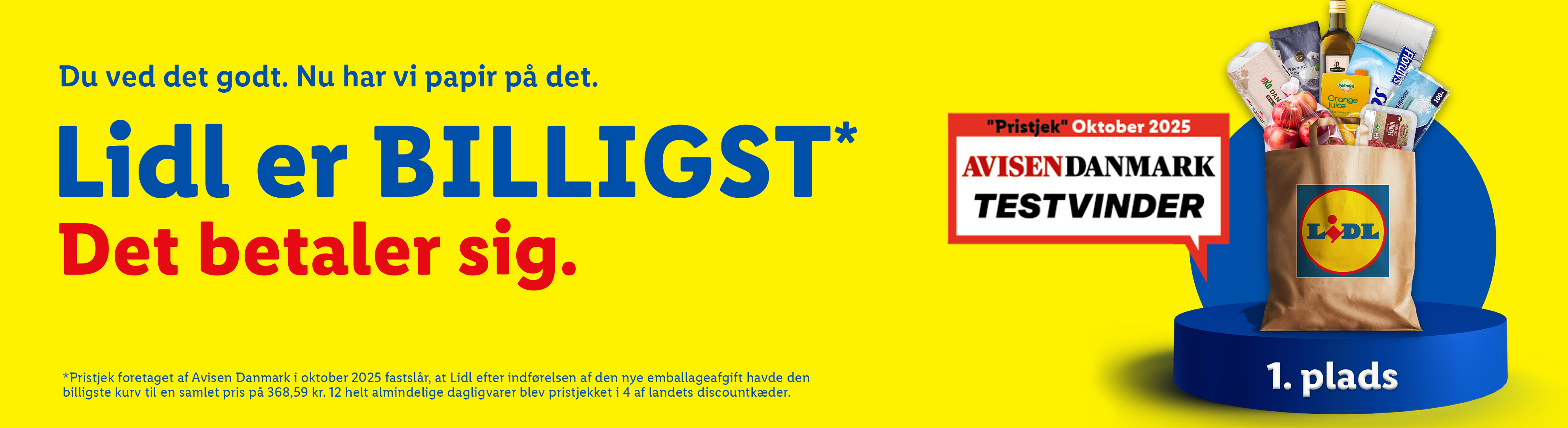 Lidl er billigst, testvinder ifølge Avisen Danmark, med en indkøbspose fyldt med dagligvarer.
