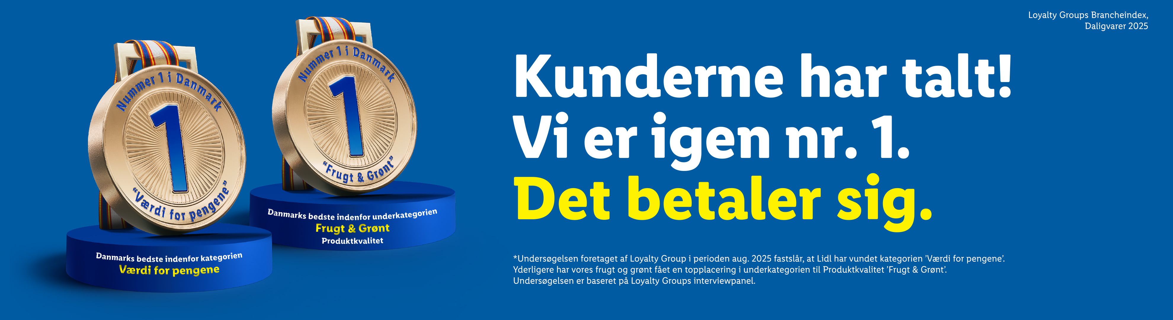 To guldmedaljer for 'Værdi for pengene' og 'Frugt & Grønt' med teksten 'Kunderne har talt! Vi er igen nr. 1. Det betaler sig.'