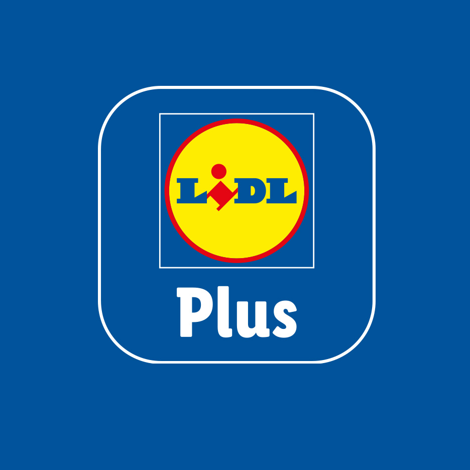 Lidl Plus-logo: Lidl-logoet i en hvid ramme med ordet 'Plus' nedenunder på en blå baggrund.