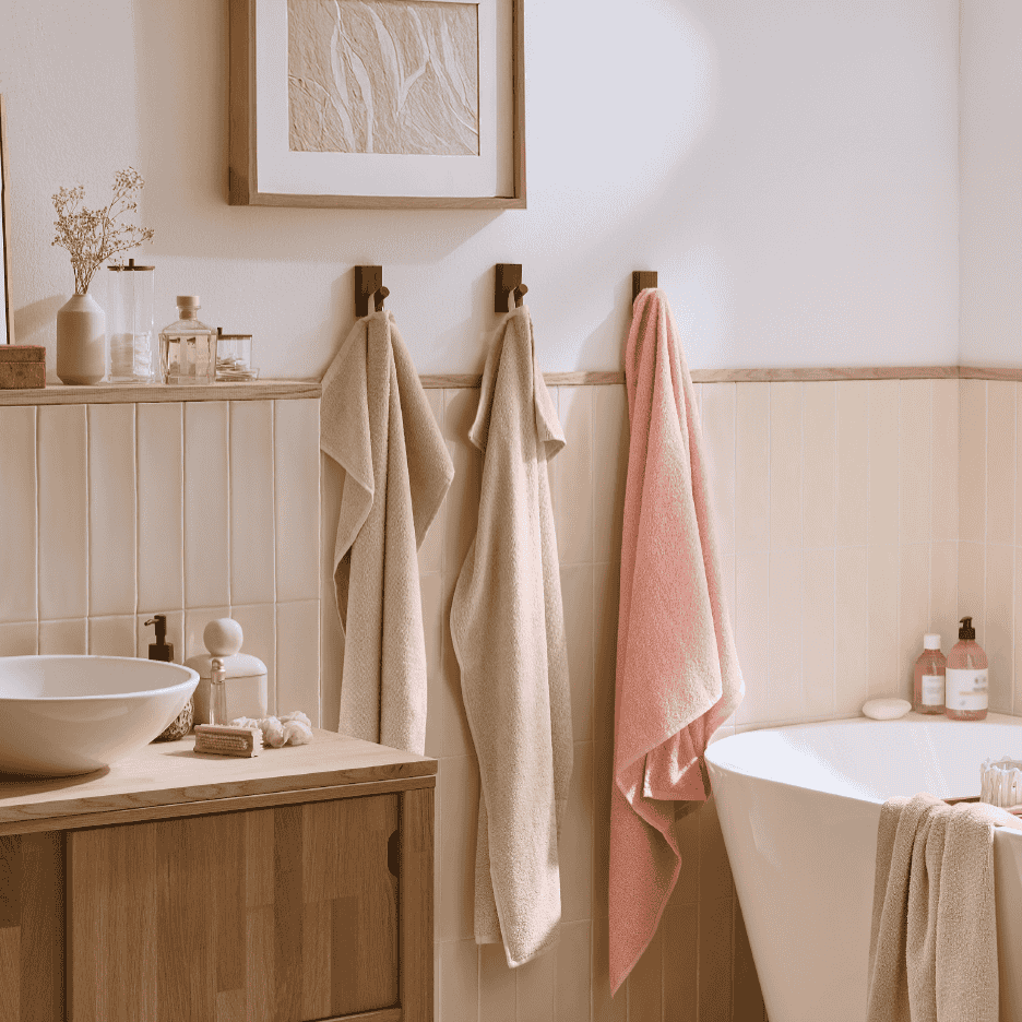 Badeværelse med træmøbler, hvid vask, lyserøde og beige håndklæder, badekar og badeværelsesartikler.