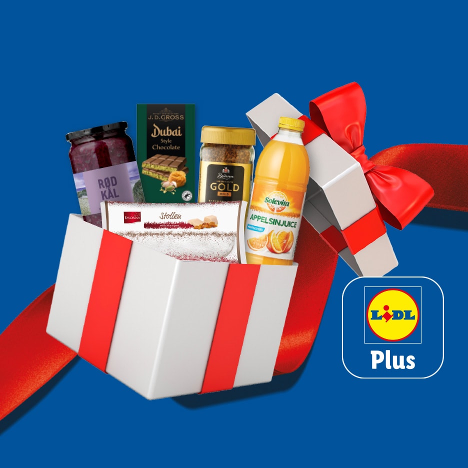 Gaveæske med J.D. Gross chokolade, Stollen, Rød Kal, Gold kaffe og Solevita appelsinjuice.