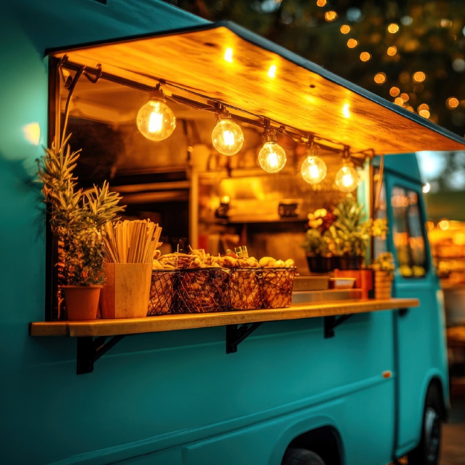 En turkis food truck med lys, der sælger mad i kurve og har planter på disken.