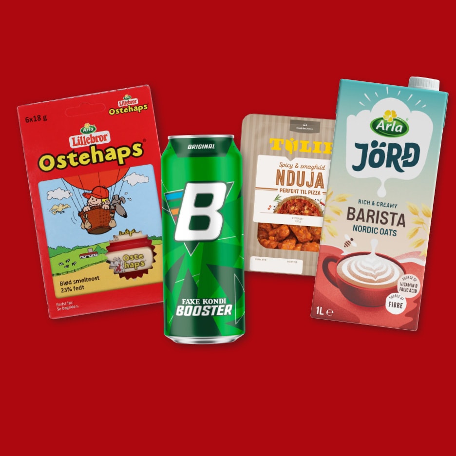 En pakke smelteost, en energidrik, en pakke nduja og en havredrik.