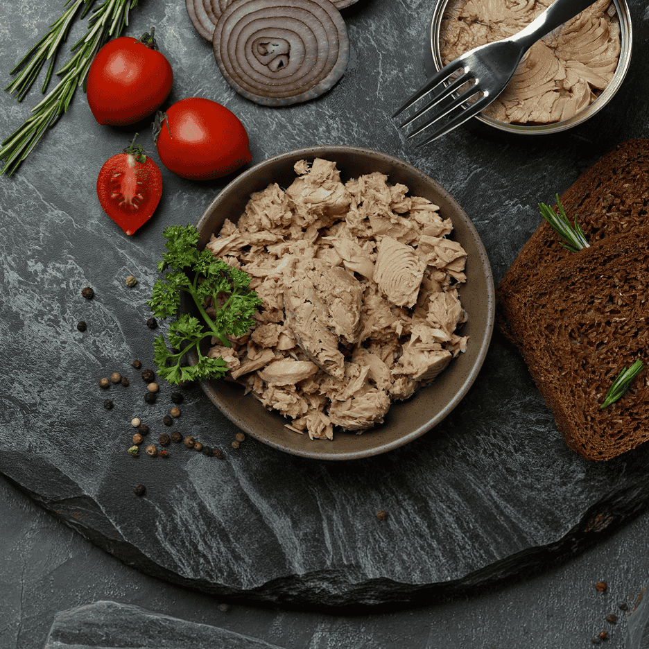 Tun i skål med tomater, løg, rosmarin og rugbrød på mørk baggrund.