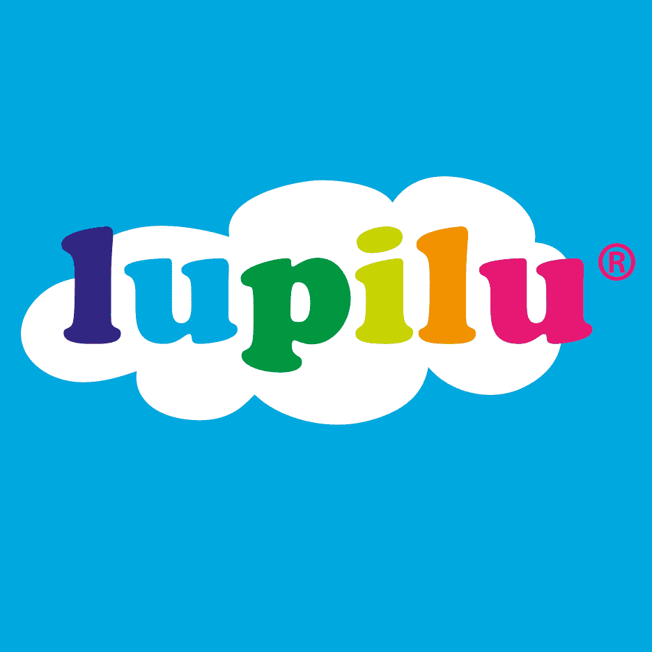 Farverigt logo med ordet 'lupilu' i en hvid sky på en blå baggrund.