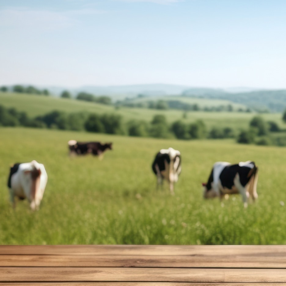 Træbord med sløret baggrund af køer på en grøn mark under en blå himmel.