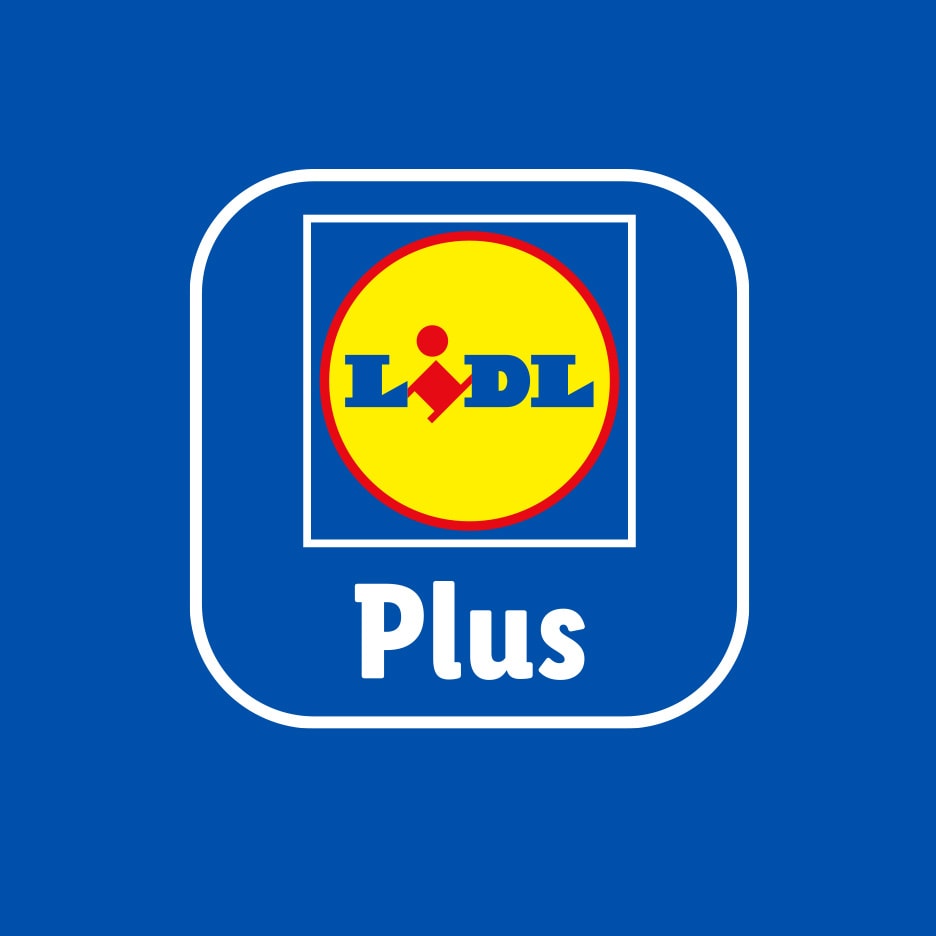 Lidl Plus-logo med hvid ramme på blå baggrund.