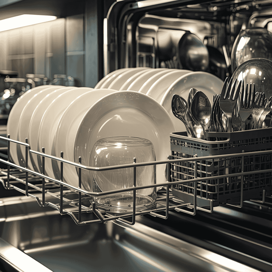 Opvaskemaskine fyldt med rene tallerkener, bestik og glas.