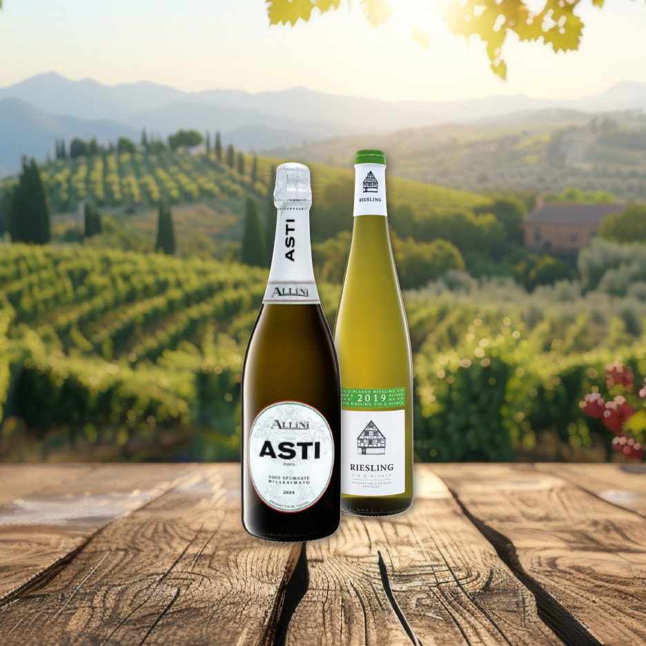 To flasker vin, en mousserende Asti og en Riesling, på et træbord med en vinmark i baggrunden.