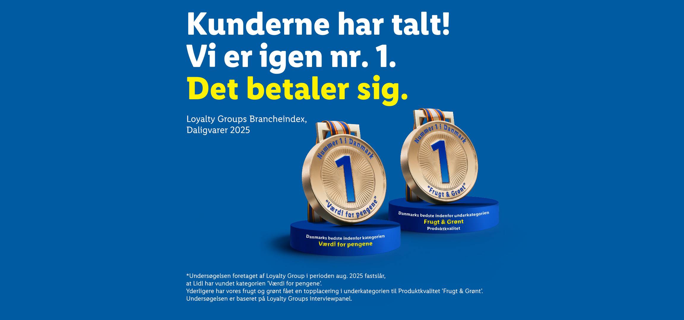 To guldmedaljer for 'Værdi for pengene' og 'Frugt & Grønt' med teksten 'Kunderne har talt! Vi er igen nr. 1. Det betaler sig.'