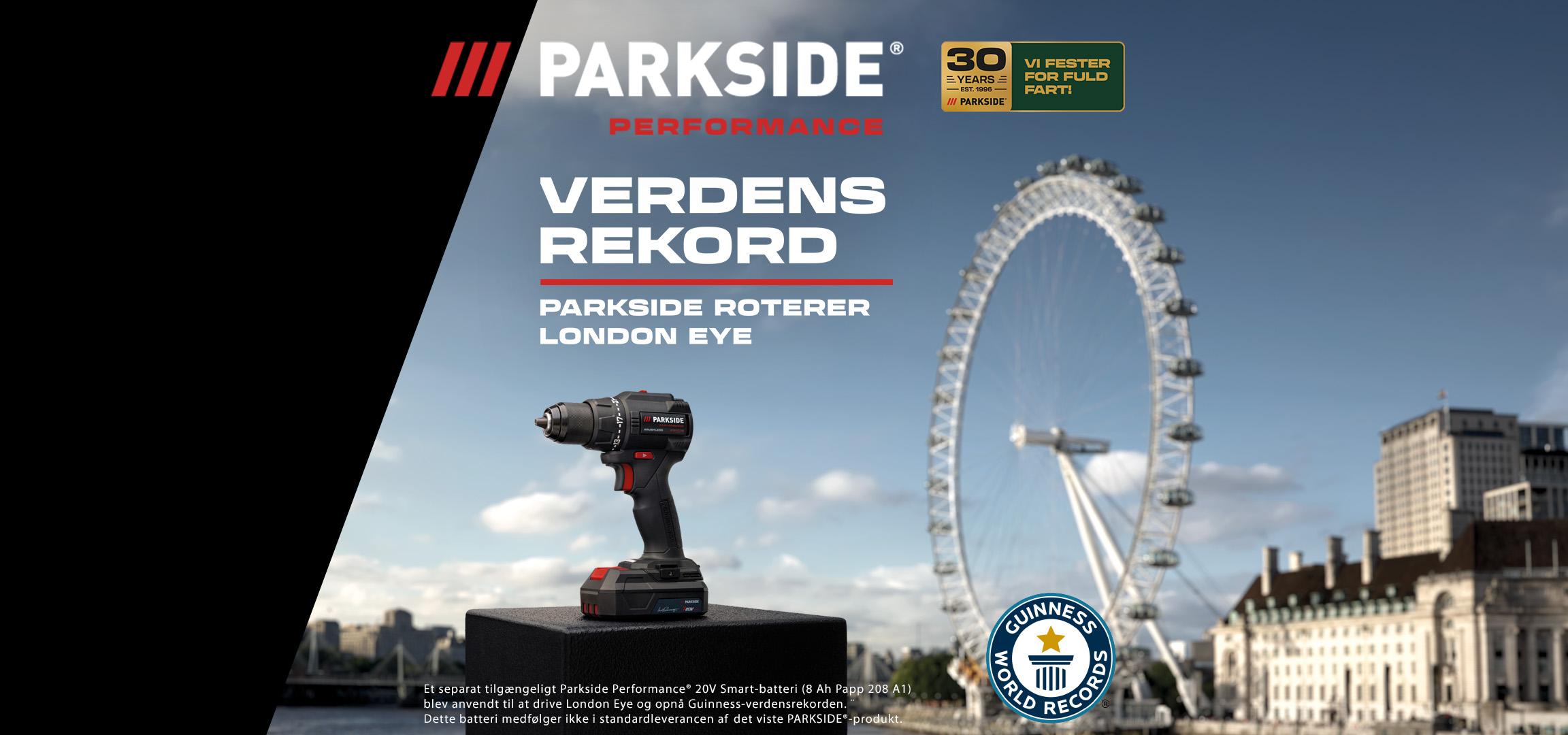 En boremaskine med batteri foran London Eye, der fejrer 30 års jubilæum og en verdensrekord.